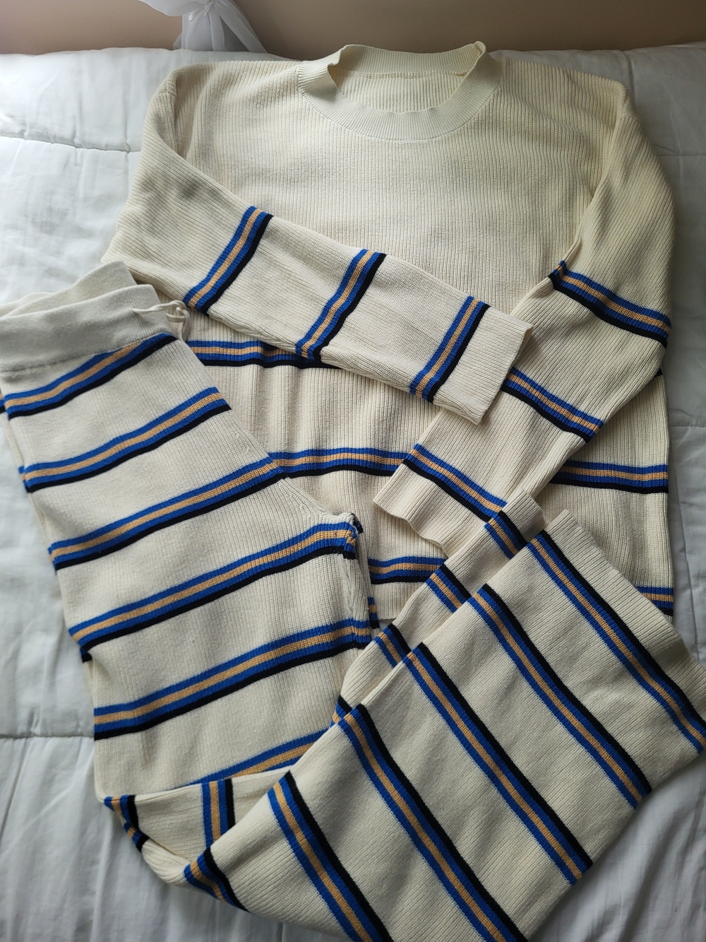 Women's Lounge Set Cream Striped Knit Sweater And Pants with Blue & Gold Accents